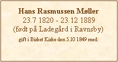Tekstboks: Hans Rasmussen Møller23.7 1820 - 23.12 1889(født på Ladegård i Ravnsby)gift i Birket Kirke den 5.10 1849 med: