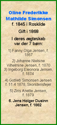 Tekstboks: Oline Frederikke Mathilde Simonsenf. 1845 i RoskildeGift i 1868I deres gteskab var der 7 brn:1) Fanny Olga Jensen, f. 18672) Johanne Nielsine Vilhelmine Jensen, f. 18703) Ingeborg Eleonora Jensen, f. 18744) Gotlieb Simonsen Jensenf. 11.4 1878, Skorstensfejer5) Ziris Anette Jensen, f. 18796. Jens Holger Dusinn Jensen, f. 1882 