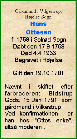 Tekstboks: Grdmand i Vilgestrup, Hjelse SognHans Ottesenf. 1758 i Solrd SognDbt den 17.9 1758Dd 4.4 1933 Begravet i HjelseGift den 19.10 1781Nvnt i skiftet efter farbroderen: Bidstrup Gods, 15 Jan 1791, som grdmand i Vilkestrup.Ved konfirmationen  er han hos "Ottos enke", alts moderen .