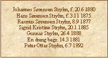 Tekstboks: Johannes Srensen Stryhn, f. 20.6 1880Hans Srensen Stryhn, f. 3.11 1875Rasmus Srensen Stryhn, 8.9 1877Sigrid Kristine Stryhn, 20.1 1885Gunnar Stryhn, 26.4 1888En dreng begr. 14.3 1881Peter Ottar Stryhn, 6.7 1892