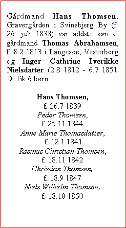 Tekstboks: Gårdmand Hans Thomsen, Gravergården i Svinsbjerg By (f. 26. juli 1838) var ældste søn af gårdmand Thomas Abrahamsen, f. 8.2 1813 i Langesøe, Vesterborg og Inger Cathrine Iverikke Nielsdatter (2.8 1812 - 6.7 1851. De fik 6 børn:Hans Thomsen, f. 26.7 1839Peder Thomsen, f. 25.11 1844Anne Marie Thomasdatter, f. 12.1 1841Rasmus Christian Thomsen, f. 18.11 1842Christian Thomsen, f. 18.9 1847Niels Wilhelm Thomsen, f. 18.10 1850