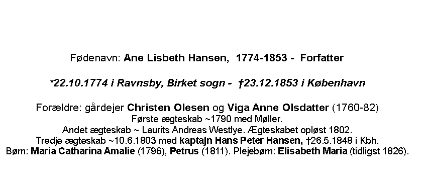 Tekstboks: Fdenavn: Ane Lisbeth Hansen,  1774-1853 -  Forfatter*22.10.1774 i Ravnsby, Birket sogn -  23.12.1853 i KbenhavnForldre: grdejer Christen Olesen og Viga Anne Olsdatter (1760-82)Frste gteskab ~1790 med Mller.Andet gteskab ~ Laurits Andreas Westlye. gteskabet oplst 1802.Tredje gteskab ~10.6.1803 med kaptajn Hans Peter Hansen, 26.5.1848 i Kbh.Brn: Maria Catharina Amalie (1796), Petrus (1811). Plejebrn: Elisabeth Maria (tidligst 1826).