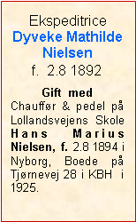 Tekstboks: EkspeditriceDyveke MathildeNielsenf.  2.8 1892Gift  medChauffør & pedel på Lollandsvejens Skole  Hans Marius  Nielsen, f. 2.8 1894 i Nyborg, Boede på  Tjørnevej 28 i KBH  i 1925. 