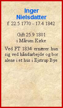 Tekstboks: IngerNielsdatterf. 22.5 1770 - 17.4 1842Gift 25.9 1801 i Mårum KirkeVed FT 1834 ernærer hun sig ved håndarbejde og bor alene i et hus i Ejstrup Bye