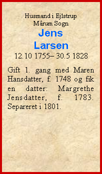 Tekstboks: Husmand i EjlstrupMårum SognJensLarsen12.10 1755– 30.5 1828Gift 1. gang med Maren Hansdatter, f. 1748 og fik en datter: Margrethe Jensdatter, f. 1783.  Separeret i 1801. 
