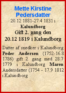 Tekstboks: Mette Kirstine Pedersdatter20.12 1881-27.4 1831 i KalundborgGift 2. gang den 20.12 1819 i KalundborgDatter af snedker i Kalundborg Peder Andersen (1752-16.8 1786) gift 2. gang med 28.7 1779 i Kalundborg Maren Andersdatter (1754 - 17.9 1812 i Kalundborg