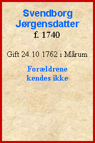 Tekstboks: SvendborgJørgensdatterf. 1740Gift 24.10 1762 i MårumForældrene kendes ikke
