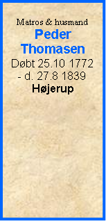 Tekstboks: Matros & husmandPederThomasenDøbt 25.10 1772- d. 27.8 1839Højerup