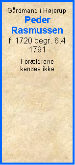Tekstboks: Gårdmand i HøjerupPederRasmussenf. 1720 begr. 6.4 1791Forældrene kendes ikke