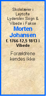 Tekstboks: Skolelærer i LejrtofteLyderslev Sogn & Vibede i FakseMortenJohansenf. 1766-12,5 1813 i VibedeForældrene kendes ikke