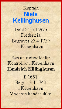 Tekstboks: Kaptajn NielsKellinghusenDbt 21.5 1697 i FredericiaBegravet 25.4 1759 i KbenhavnSn af  6xtipoldefarKontrollr i Kbenhavn Hendrich Killinghusen f. 1661Begr.   3.4 1742i KbenhavnModeren kendes ikke.