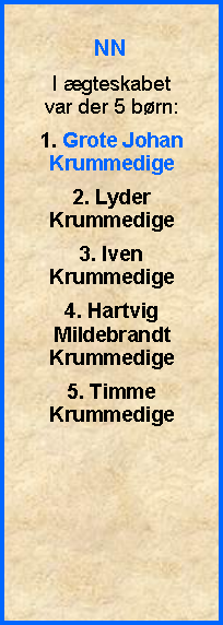 Tekstboks: NNI gteskabet var der 5 brn:1. Grote JohanKrummedige2. Lyder Krummedige3. Iven Krummedige4. Hartvig MildebrandtKrummedige5. Timme Krummedige