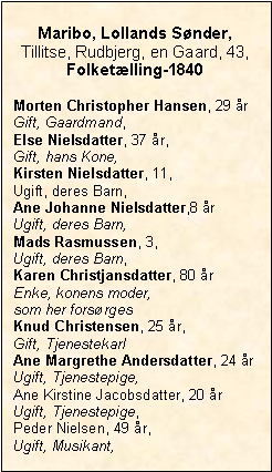 Tekstboks: Maribo, Lollands Snder, Tillitse, Rudbjerg, en Gaard, 43, Folketlling-1840Morten Christopher Hansen, 29 rGift, Gaardmand,Else Nielsdatter, 37 r, Gift, hans Kone, Kirsten Nielsdatter, 11, Ugift, deres Barn, Ane Johanne Nielsdatter,8 r Ugift, deres Barn,Mads Rasmussen, 3, Ugift, deres Barn,Karen Christjansdatter, 80 r Enke, konens moder, som her forsrgesKnud Christensen, 25 r, Gift, TjenestekarlAne Margrethe Andersdatter, 24 rUgift, Tjenestepige,Ane Kirstine Jacobsdatter, 20 r Ugift, Tjenestepige,Peder Nielsen, 49 r, Ugift, Musikant,